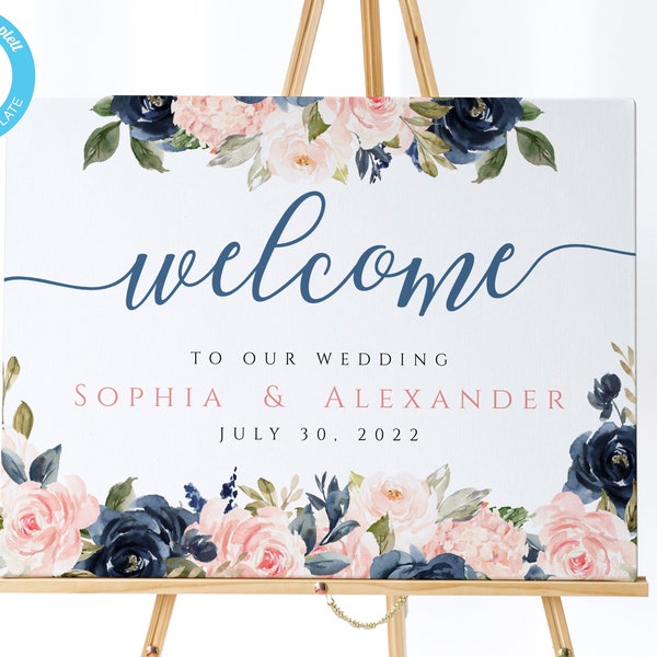 Navy Blush Wedding Welcome Sign | 3 editable templates included | Editable via Templett App