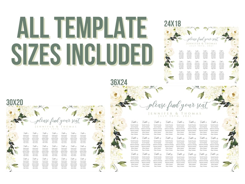 Editable via Templett App 3 editable templates included White Rose Wedding Seating Chart