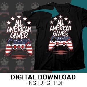 May include: A black t-shirt with a graphic design of a video game controller with red, white, and blue stripes. The text "All American Gamer" is written in white letters above the controller.