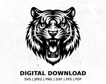 Tiger Head Silhouette SVG, Roaring Tiger Svg Cut File, Wild Animal Svg Design, Tiger Clip Art, Tattoo Stencil, Digital Download