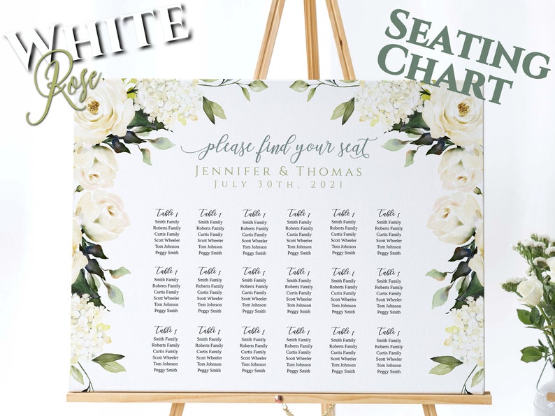Editable via Templett App 3 editable templates included White Rose Wedding Seating Chart
