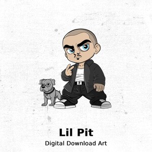 Peut inclure: Illustration numérique d'un homme de dessin animé portant une veste noire et une chemise blanche, debout avec sa main droite levée, et un bouledogue gris debout à côté de lui. Le texte "Lil Pit" et "Digital Download Art" est sous l'image.