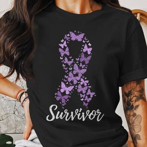 Butterfly Ribbon Survivor T-Shirt, Purple Ribbon Awareness Tee, Inspirational Graphic Shirt, Cancer Survivor Gift, Motivational Apparel