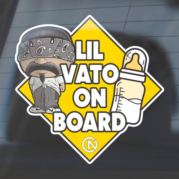 Baby on board, Lil vato on board custom art phathead chibi character vinyl sticker, baby in car sticker, Lil Veterano CORTEZ