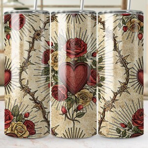 Heart Roses Tumbler Wrap, 20oz Skinny Tumbler PNG, Thorny Vine Sublimation Designs, Floral Heart Tumbler, Download