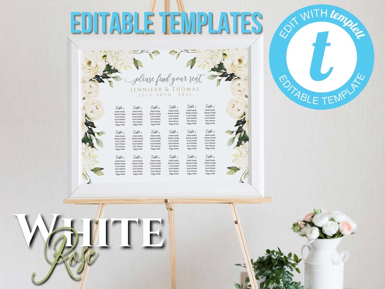 Editable via Templett App 3 editable templates included White Rose Wedding Seating Chart