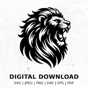ライオンの頭の SVG、吠えるライオンのシルエット、POD 用のライオンのデザイン、デジタル ライオンの SVG、野生動物の SVG、大胆なライオンのグラフィック、獣の SVG ファイル