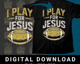 Può includere: Una maglietta nera con una grafica bianca usurata che dice "I Play For Jesus" con una grafica di un pallone da calcio sotto il testo.