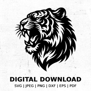 Ferocious Tiger Head Silhouette Vector Art for POD, Tiger SVG File for Cricut and Vinyl, Wild Animal Digital Download