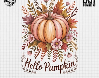 Hello Pumpkin PNG Digital Download, Autumn Fall Clipart, Watercolor Pumpkin Design, Thanksgiving Sublimation, Commercial Use, Easy Download
