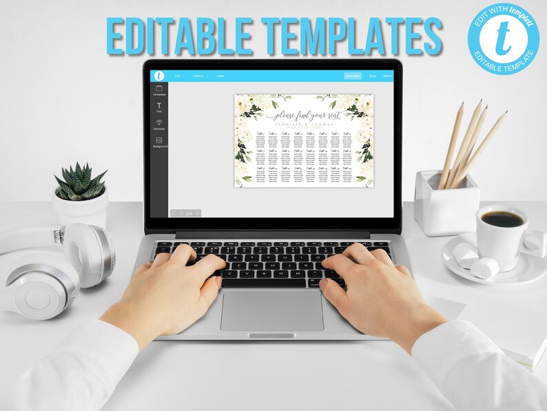 Editable via Templett App 3 editable templates included White Rose Wedding Seating Chart