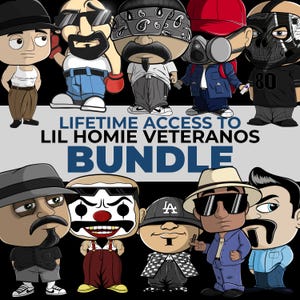 Könnte beinhalten: Eine digitale Illustration einer Gruppe von Comicfiguren, die alle verschiedene Kleidung und Accessoires tragen. Die Figuren lächeln alle und scheinen Freunde zu sein. Der Text "LIFETIME ACCESS TO LIL HOMIE VETERANOS BUNDLE" wird in der Mitte des Bildes angezeigt.