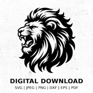 ライオンの頭のシルエット SVG ファイル、吠えるライオンのカット ファイル、オンデマンド印刷、クラフト、デカール用の動物グラフィック、即時ダウンロード