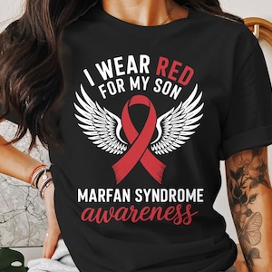 Marfan Syndrome Awareness T-Shirt, I Wear Red For My Son Tee, Red Ribbon Support Shirt, Awareness Wings Design, Family Support Shirt
