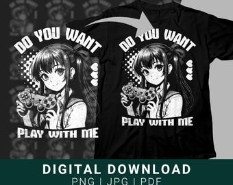 Anime Gamer Girl Clipart, Gaming Digital Download, Kawaii Gamer Girl Art, Gaming PNG for Clothing Print, Anime Art for Print on Demand
