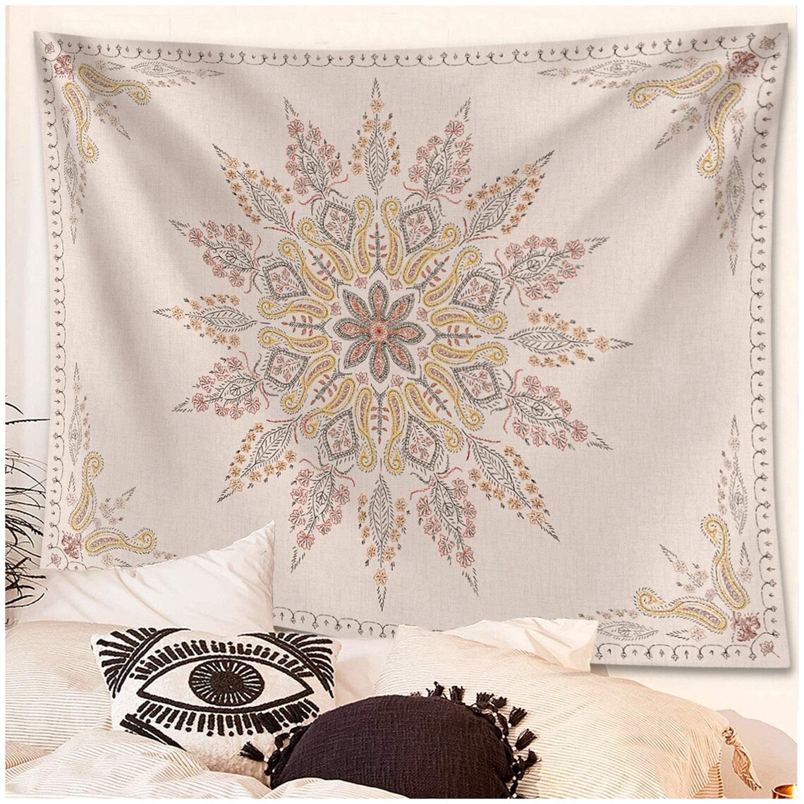 Bohemian Tapestry Wall Hanging Beige White Floral Tapestry Etsy