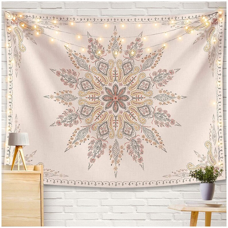 Bohemian Tapestry Wall Hanging Beige White Floral Tapestry Etsy