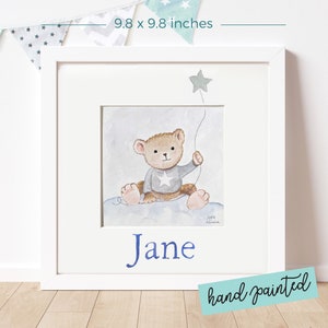 Original Watercolor Painting &#39;Teddy in the Clouds&#39; with Name, Original Artwork, Nursery Decor, New Baby Gift, Personalized Gift for Children