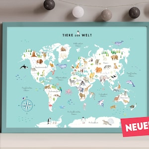 Weltkarte mit Tieren auf Deutsch, Geschenk für Mutter, Montessori Bebe, Wanddeko, Weltkarte Poster, pädagogischer Druck, Cottagecore Dekor