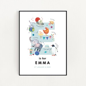 Prima lettera iniziale, Wall Decore, Expecting Mom Gift, Montessori Bebe, Baby Name Wall Art, Letter E Print, Illustration Enfant, Personalizzato