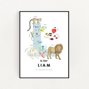 Prima lettera iniziale, Wall Decore, Expecting Mom Gift, Montessori Bebe, Baby Name Wall Art, Letter L Print, Illustration Enfant, Personalizzato