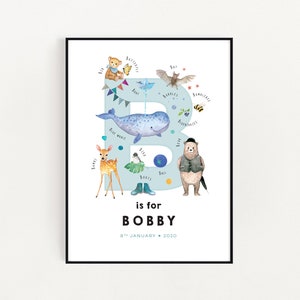 Prima lettera iniziale, Wall Decore, Expecting Mom Gift, Montessori Bebe, Baby Name Wall Art, Stampa lettera B, Illustrazione Enfant, Personalizzato