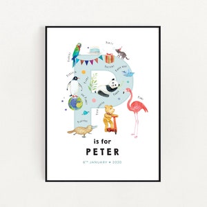 Prima lettera iniziale, Wall Decore, Expecting Mom Gift, Montessori Bebe, Baby Name Wall Art, Letter P Print, Illustration Enfant, Personalizzato