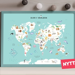 Weltkarte der Tiere auf Schwedisch, Geschenk für Mutter, Montessori Bebe, Wanddekor, Weltkarte Poster, pädagogischer Druck, Cottagecore Dekor
