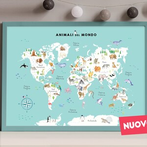 Weltkarte der Tiere auf Italienisch, Geschenk für Mutter, Montessori Bebe, Wanddekor, Weltkarte Poster, pädagogischer Druck, Cottagecore Dekor