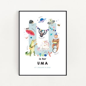 Prima lettera iniziale, Wall Decore, Expecting Mom Gift, Montessori Bebe, Baby Name Wall Art, Letter U Print, Illustration Enfant, Personalizzato