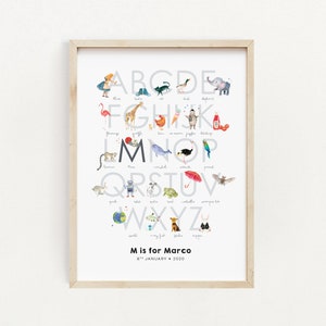 Poster alfabetico, Regalo mamma in attesa, Stampa ABC, Poster animale personalizzato, Arredamento sala giochi, Arredamento parete, Poster Liberty