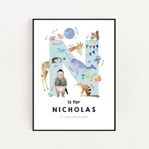 Prima lettera iniziale, Wall Decore, Expecting Mom Gift, Montessori Bebe, Baby Name Wall Art, Letter N Print, Illustration Enfant, Personalizzato