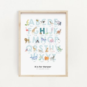 Poster alfabetico, Regalo mamma in attesa, Stampa ABC, Poster animale personalizzato, Arredamento sala giochi, Arredamento parete, Poster Liberty