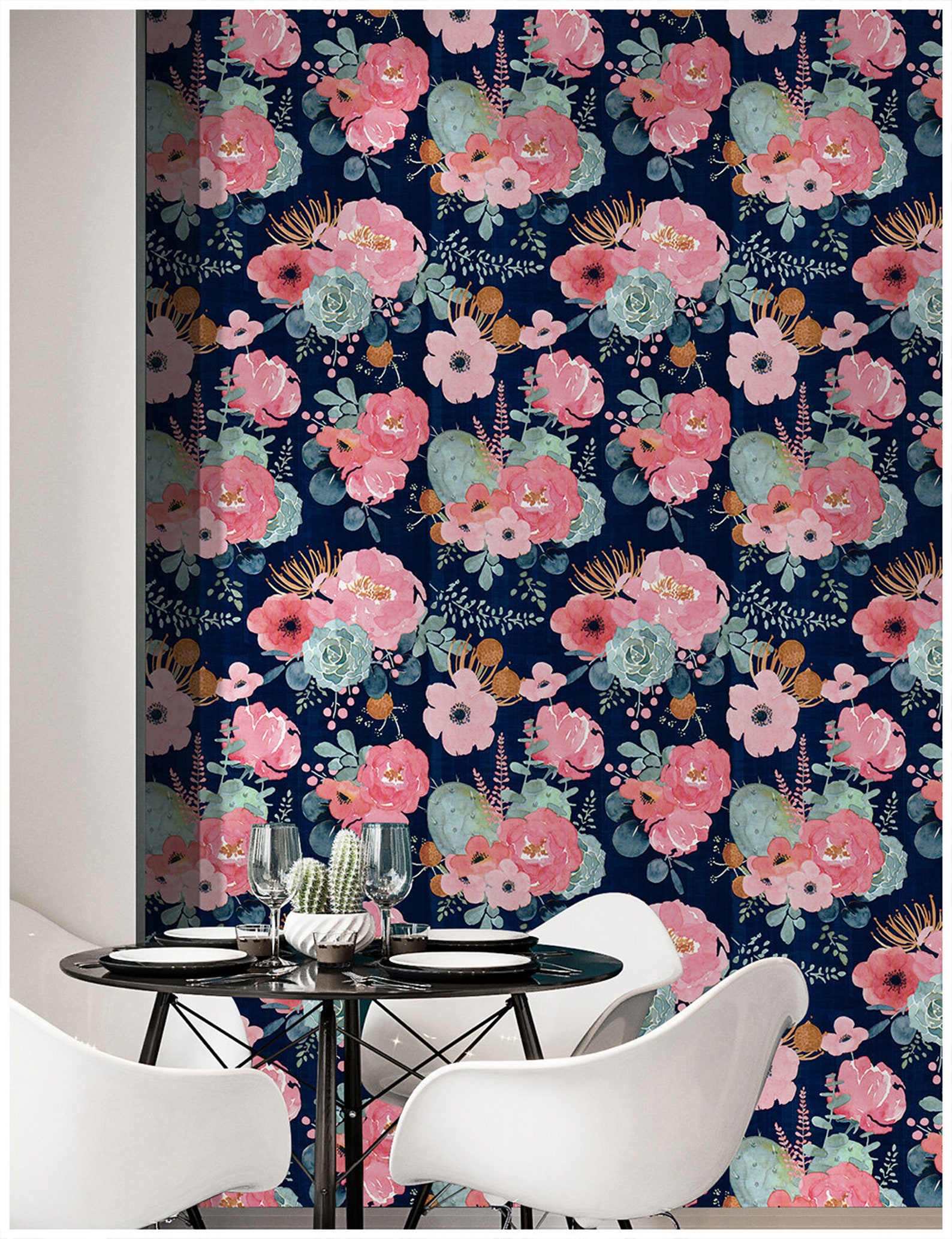 Floral Wallpaper Navy/pink Peel and Stick Contact Paper - Etsy