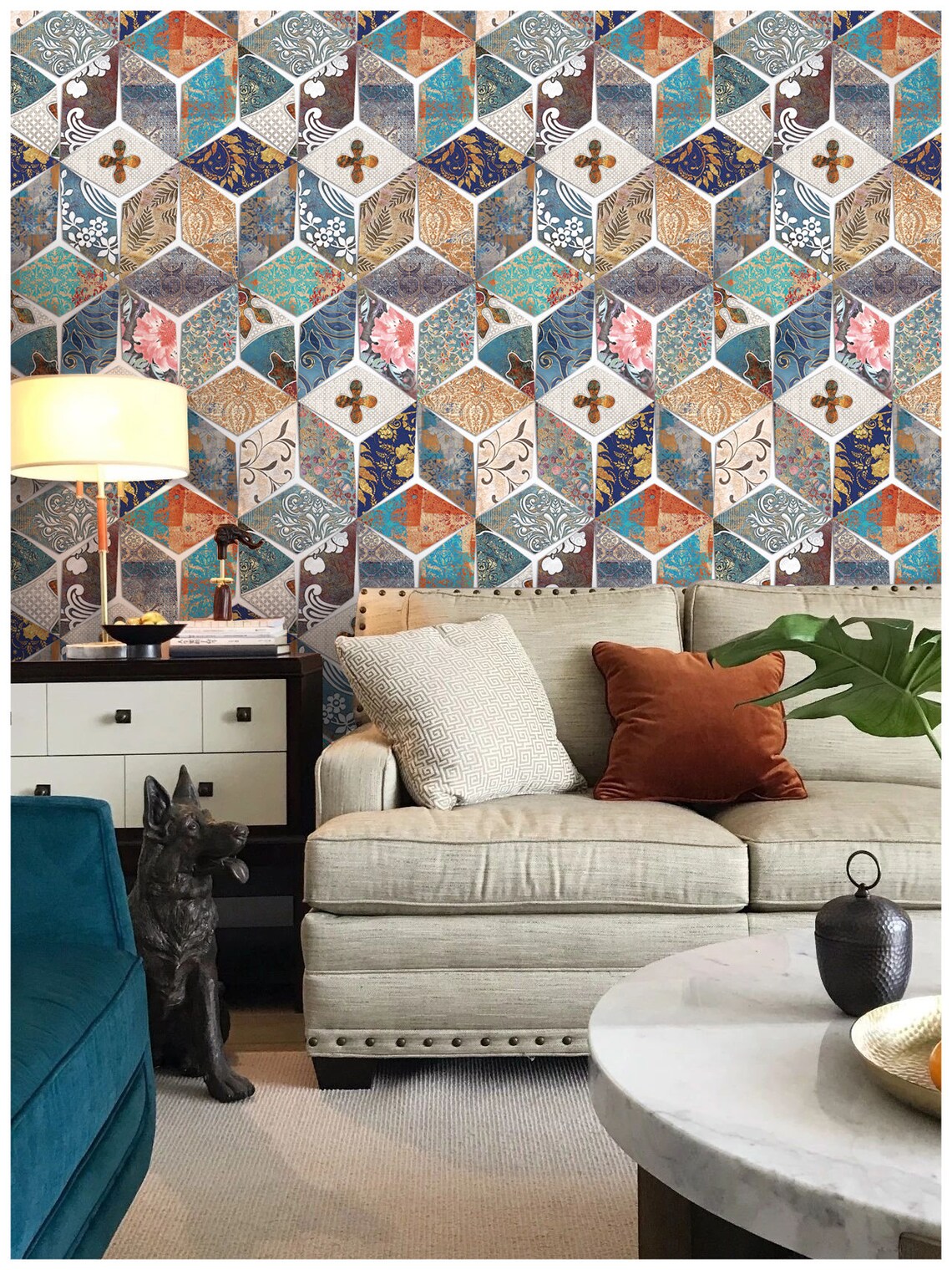 Retro Geometric Tile Peel and Paste Wallpaper Boho | Etsy