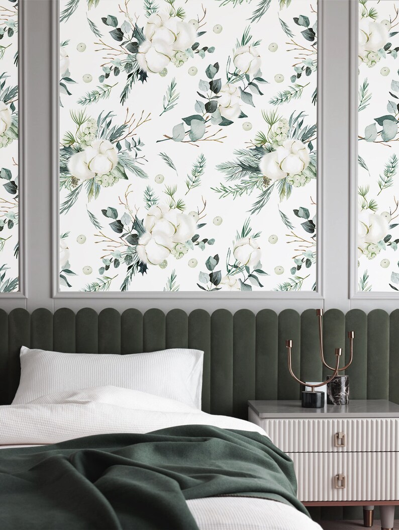 Green Wallpaper Roll Peel and Stick Cotton Leaves Removable Desktop