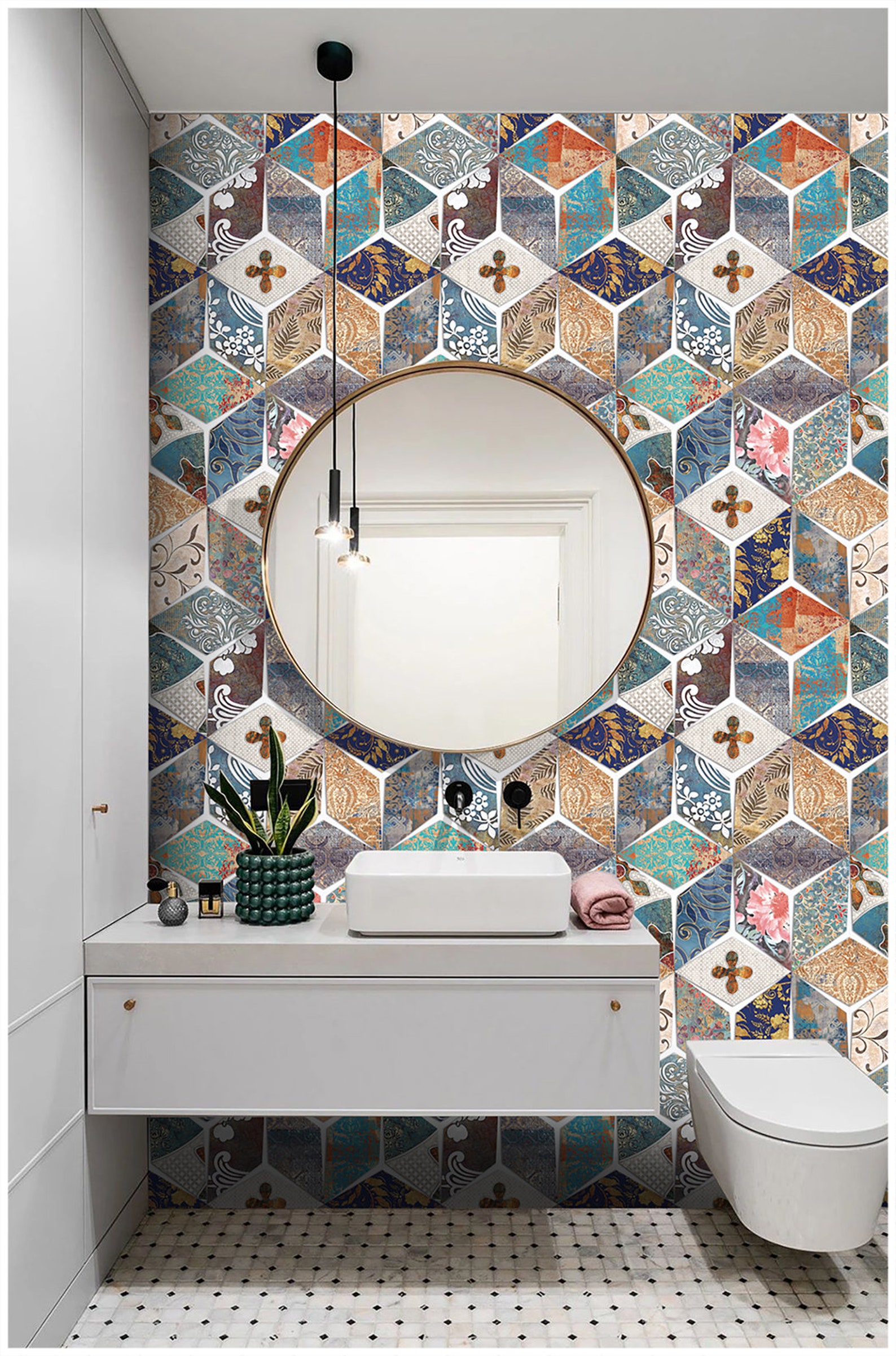 Retro Geometric Tile Peel and Paste Wallpaper Boho | Etsy