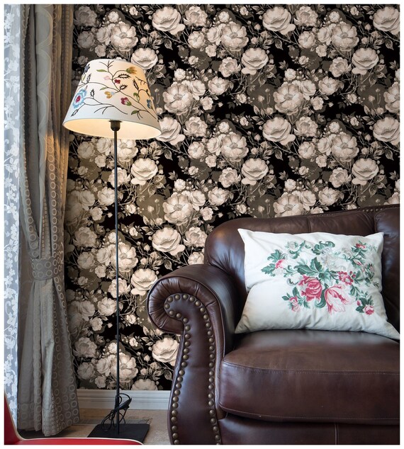 Black Floral Peel and Stick Wallpaper Removable Vinyl Self - Etsy