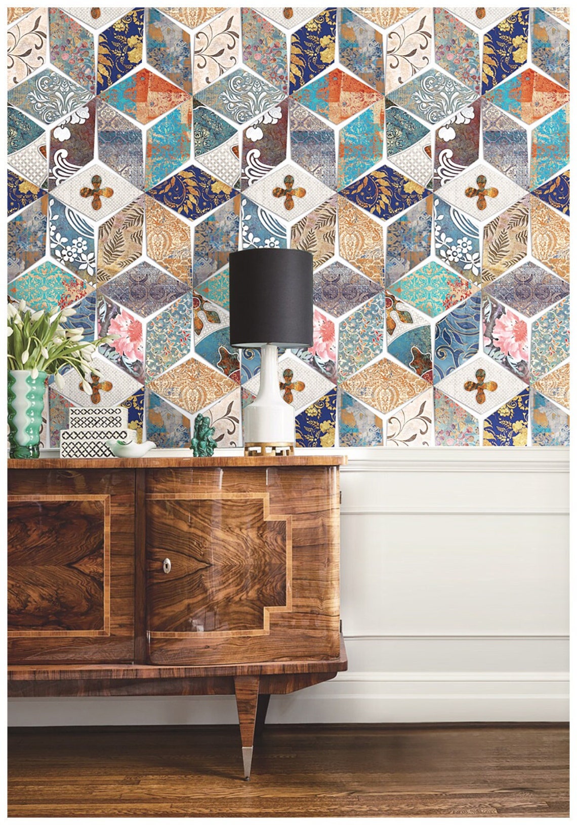 Retro Geometric Tile Peel and Paste Wallpaper Boho | Etsy
