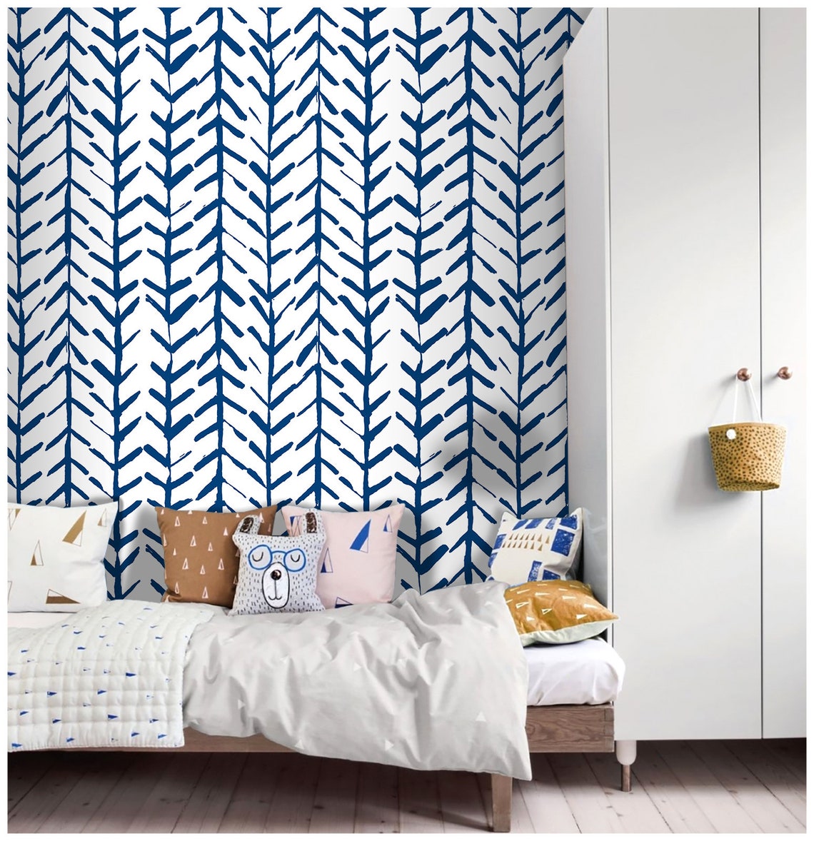 Herringbone Geometric Indigo Blue Peel and Stick Wallpaper Etsy