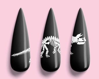 White Dinosaur Skeleton Halloween Nail Decals! White Halloween Nail Decals! White Dinosaur Halloween Nail Art! White Halloween Bone Decals!