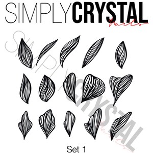 May include: Set of 14 black and white floral nail art decals. The decals are in various shapes and sizes, with a delicate, intricate design. The decals are labeled "Simply Crystal Nails" and "Set 1".