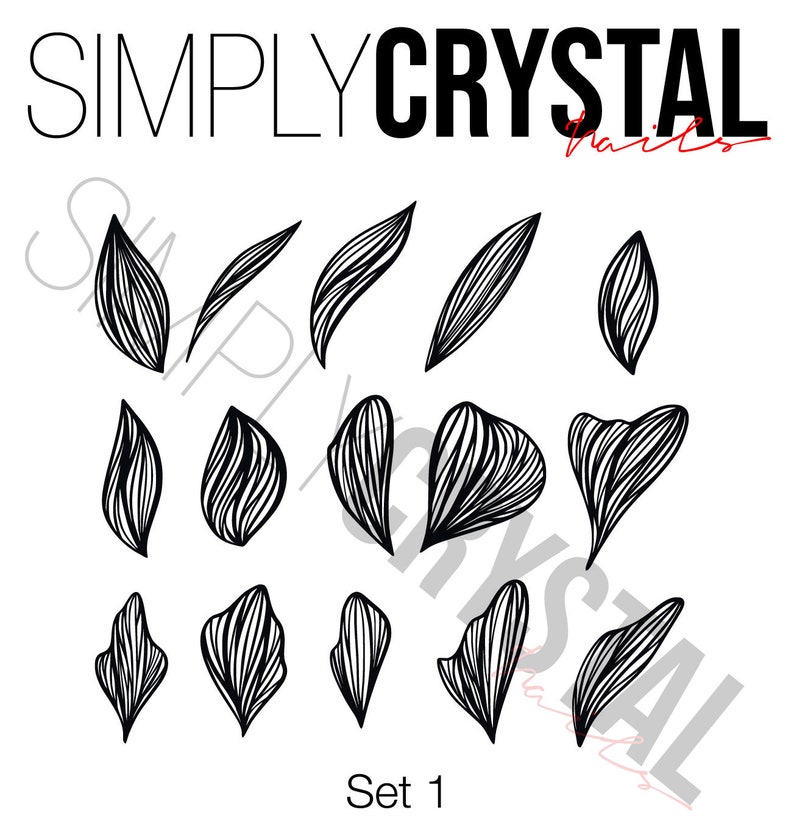 May include: Set of 14 black and white floral nail art decals. The decals are in various shapes and sizes, with a delicate, intricate design. The decals are labeled "Simply Crystal Nails" and "Set 1".