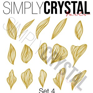 May include: Set of 12 gold leaf nail art decals in various shapes. The decals are designed to look like flower petals. The set is labeled "Simply Crystal Nails Set 4".