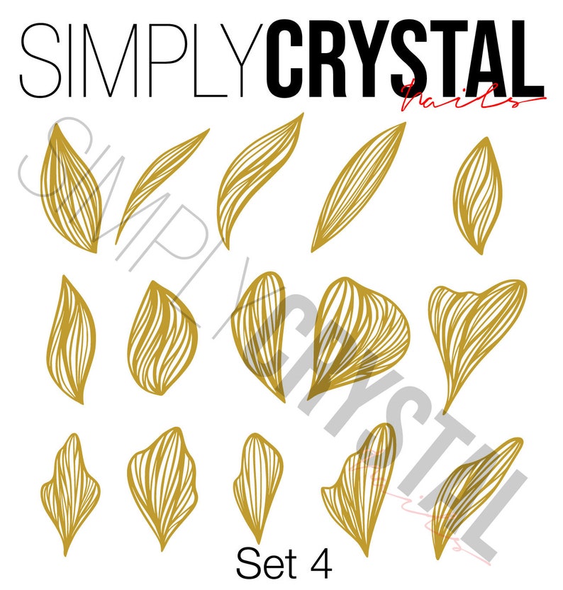 May include: Set of 12 gold leaf nail art decals in various shapes. The decals are designed to look like flower petals. The set is labeled "Simply Crystal Nails Set 4".