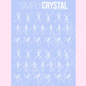 May include: A digital illustration of a repeating pattern of white skeletons in various poses on a light blue background. The text "SIMPLYCRYSTAL" is at the top of the image.