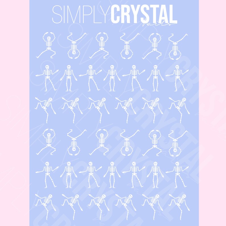 May include: A digital illustration of a repeating pattern of white skeletons in various poses on a light blue background. The text "SIMPLYCRYSTAL" is at the top of the image.