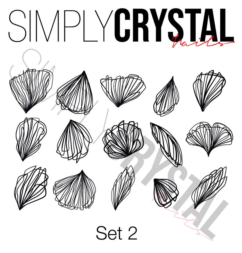 May include: Set of 12 black and white line art nail decals with a variety of abstract shapes. The decals are labeled "Set 2".