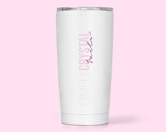 May include: White stainless steel tumbler with a pink and burgundy design that says "SIMPLY CRYSTAL nails".