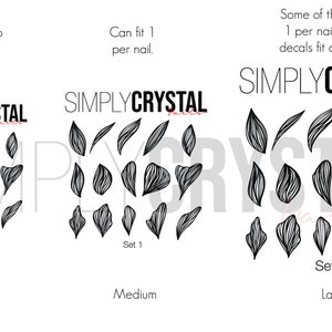May include: Three sets of black and white nail decals featuring a leaf design. The sets are labeled "Small", "Medium", and "Large". The text "SIMPLYCRYSTAL" appears at the top of each set.